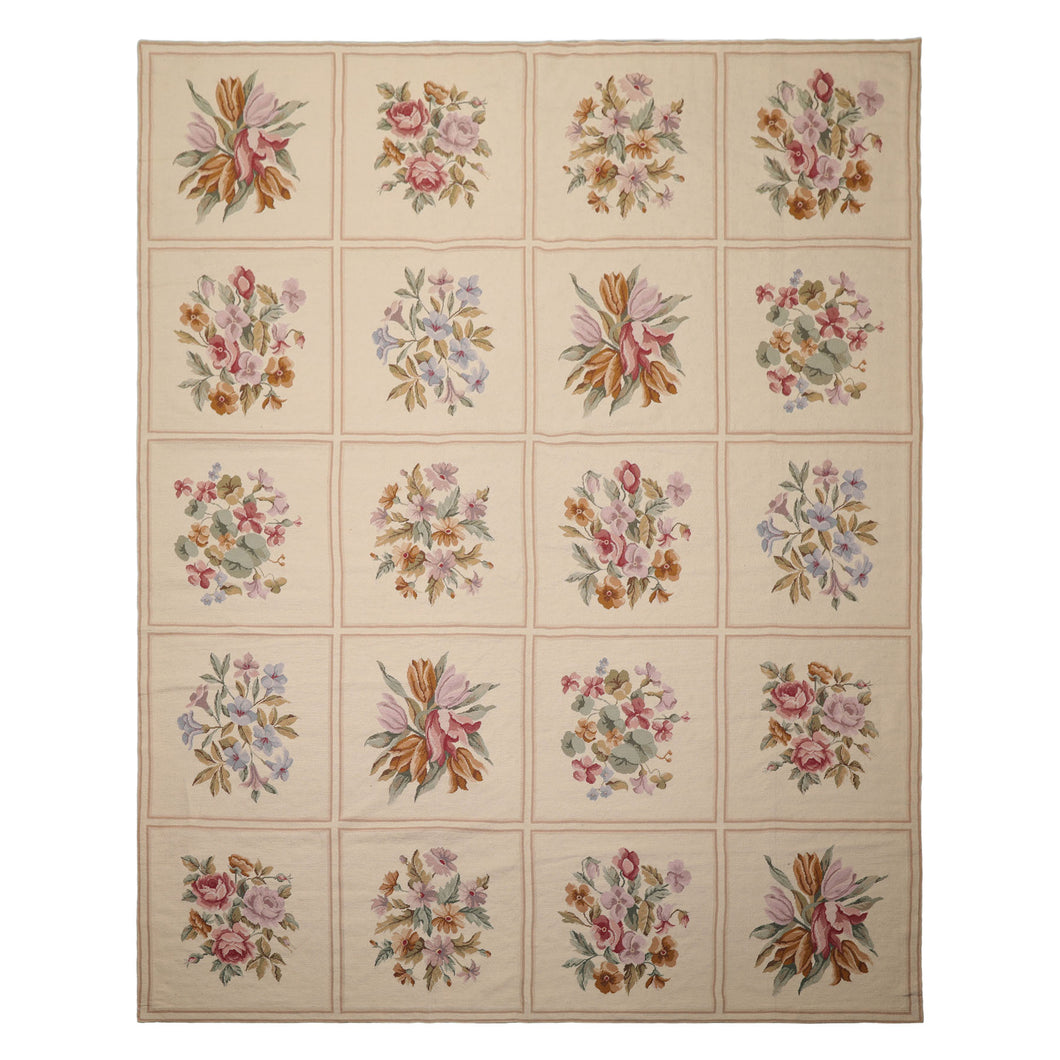 8x10 Ivory, Tan, Green Color Hand Woven French Aubusson Needlepoint  Wool Traditional Oriental Rug