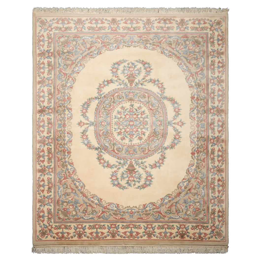 8x10 Ivory, Tan, Rose Color Hand Knotted French Aubusson Savonnerie Wool Traditional  Oriental Rug