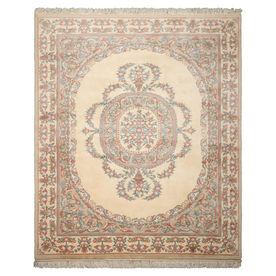 8x10 Hand Knotted Wool Ivory French Aubusson Savonnerie Traditional Plush Pile Silky Sheen Velvety Soft Pile Pande Cameron European Classic Medallion Design Rug