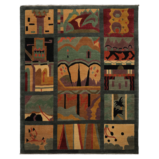 8x9'11'' Hand Knotted Wool Teal Tibetan Arts & Crafts Plush Pile Tufenkian Deco Panel Spruce Swiss Wash Rug