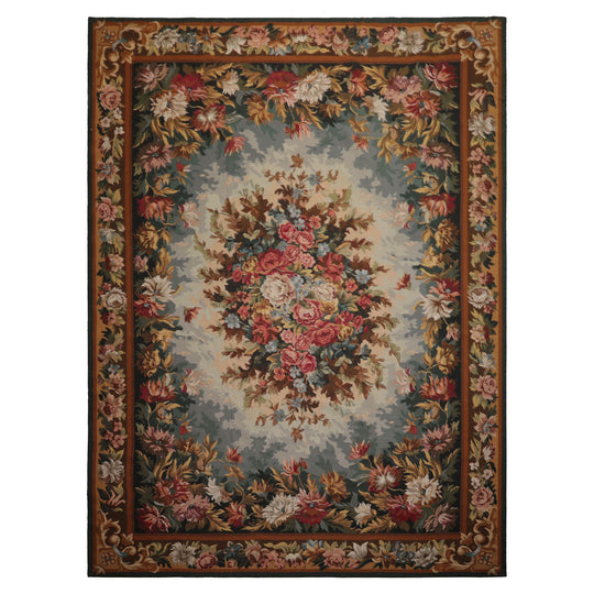 8'9''x11'11'' Hand Woven Wool Teal Aubusson Needlepoint Traditional Asmara French European Floral Rug