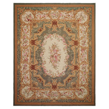 8x10 Ivory, Green, Gold Color Hand Woven Aubusson Needlepoint  Wool Traditional Oriental Rug