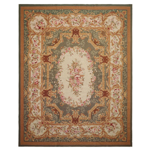 8x10 Ivory, Green, Gold Color Hand Woven Aubusson Needlepoint  Wool Traditional Oriental Rug