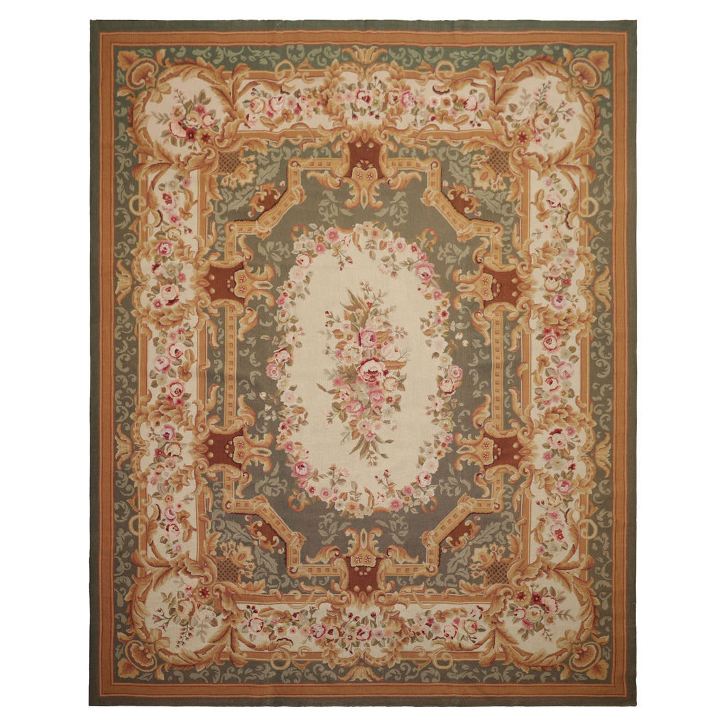 8x10 Ivory, Green, Gold Color Hand Woven Aubusson Needlepoint  Wool Traditional Oriental Rug