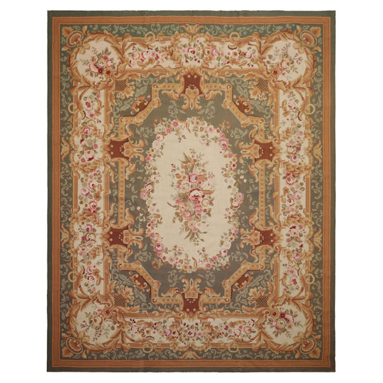 7'9''x9'9'' Hand Woven Wool Ivory Aubusson Needlepoint Traditional Asmara French European Floral Rug
