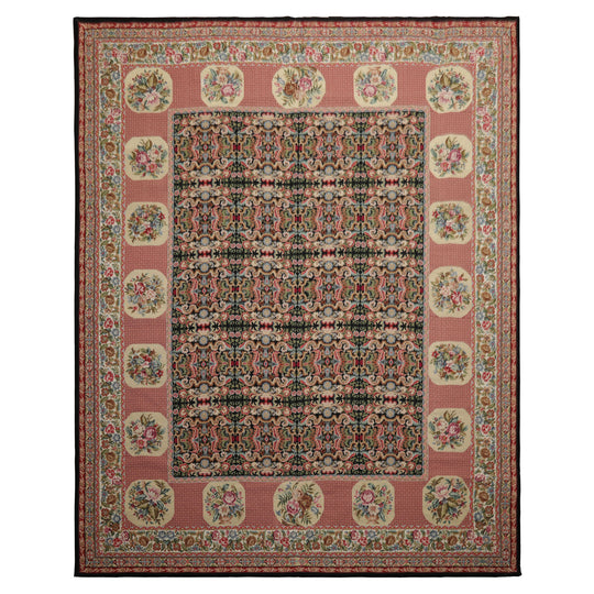 7'8''x9'8'' Hand Woven Wool Black Aubusson Needlepoint Traditional Asmara French European Floral Rug