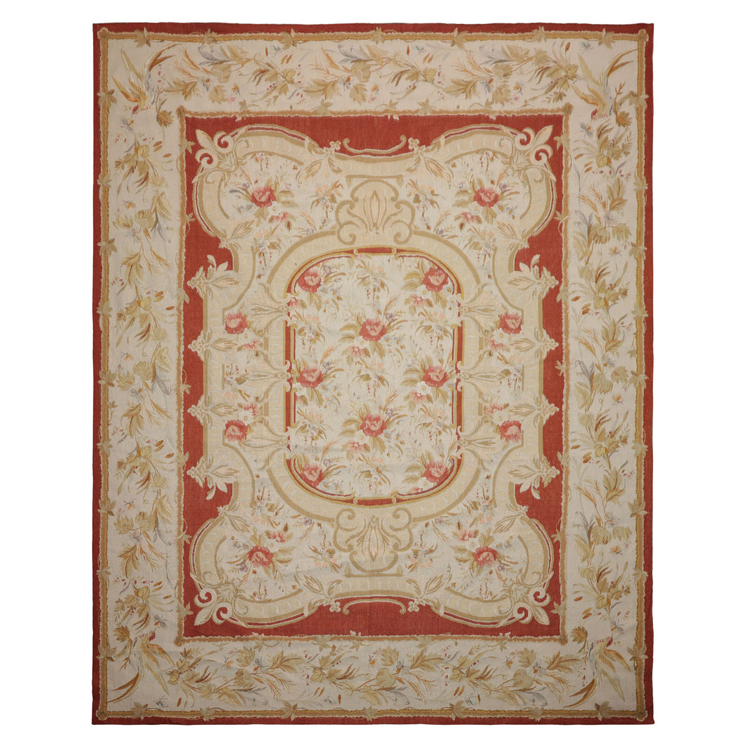 8x10 Ivory, Gold, Orange Color Hand Woven Aubusson Needlepoint  Wool & Silk Traditional Oriental Rug