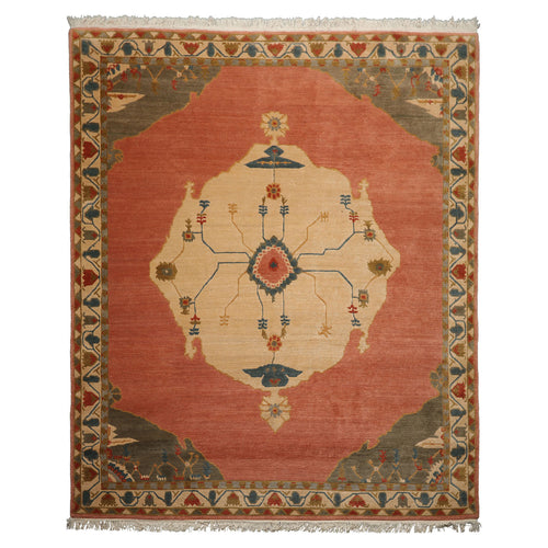 8x10 Rose, Ivory, Gray Color Hand Knotted Tibetan  Wool Traditional Oriental Rug