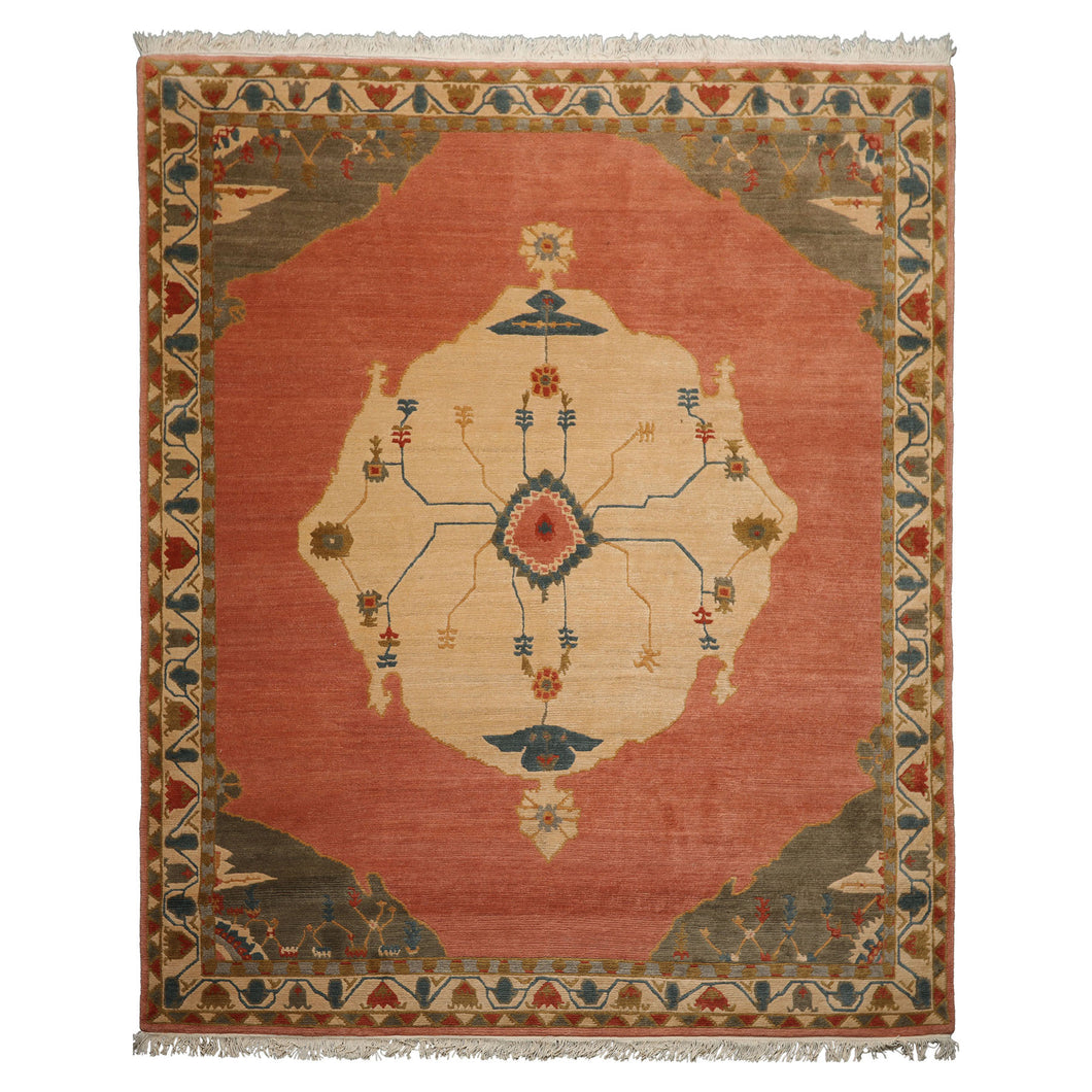 8x10 Rose, Ivory, Gray Color Hand Knotted Tibetan  Wool Traditional Oriental Rug