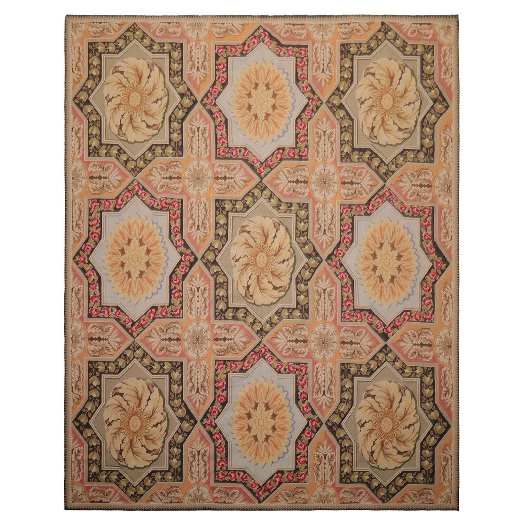 8x10 Sage, Gold, Pink Color Hand Woven Aubusson Needlepoint  Wool Traditional Oriental Rug
