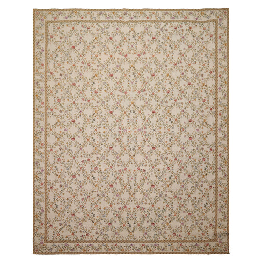 7'8''x10 Hand Woven Wool Ivory Aubusson Needlepoint Traditional Costikyan French Trellis Floral Rug
