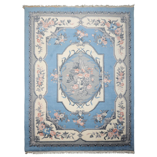 9x12 Hand Knotted New Zealand Wool Blue French Aubusson Savonnerie Traditional Botanical Plush Pile Rug