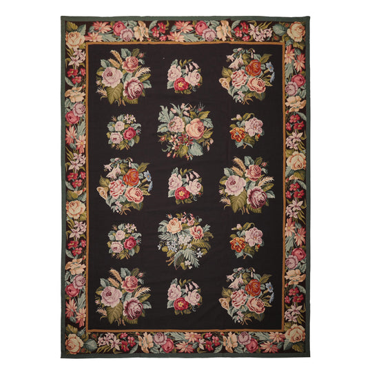 9x12'4'' Hand Woven Wool Charcoal Aubusson Needlepoint Traditional Floral Rug
