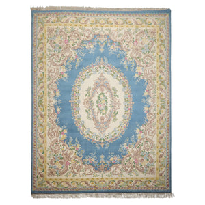 9x12 Blue, Ivory, Gold Color Hand Knotted French Aubusson Savonnerie New Zealand Wool Traditional Oriental Rug