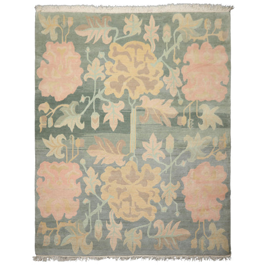 8x10 Hand Knotted Wool Aqua Michaelian Kohlberg Tibetan Art Deco Botanical Rug