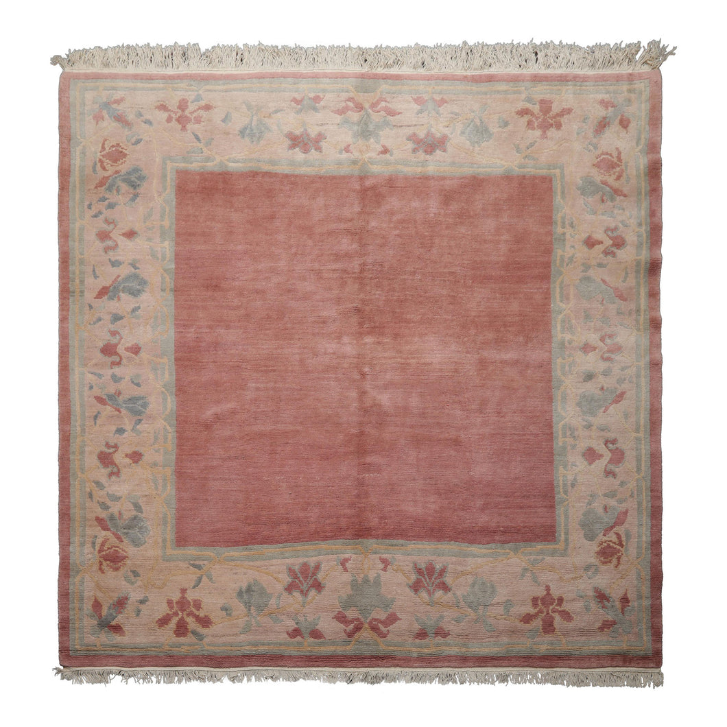 Square Rose, Taupe, Ivory Color Hand Knotted Tibetan Wool Contemporary Oriental Rug