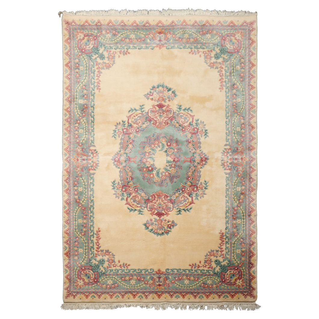 6x9 Ivory, Aqua, Lavender Color Hand Knotted French Aubusson Savonnerie New Zealand Wool Traditional Oriental Rug