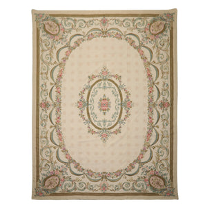 8x11 Ivory, Green, Aqua Color Hand Woven Aubusson Needlepoint Wool Traditional Oriental Rug