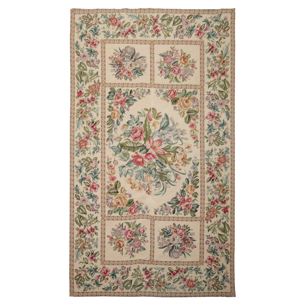 6x10 Ivory, Aqua, Rose Color Hand Woven Aubusson Needlepoint Wool Traditional Oriental Rug