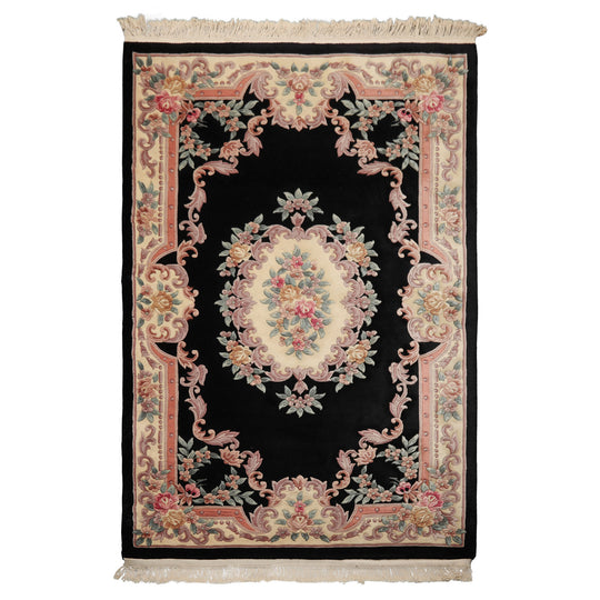 5'6''x8'6'' Hand Knotted Wool Black French Aubusson Savonnerie Traditional Plush Pile Rug