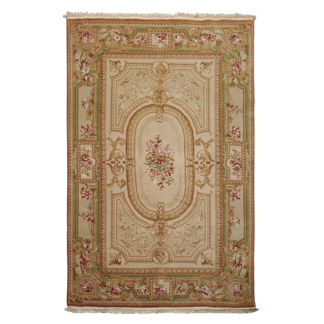 5x8 Beige, Tan, Green Color Hand Woven Aubusson Savonnerie Wool Traditional Oriental Rug