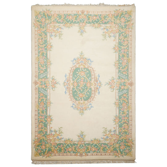 6x9 Hand Knotted Wool Ivory Aubusson Savonnerie Traditional Medallion Rug