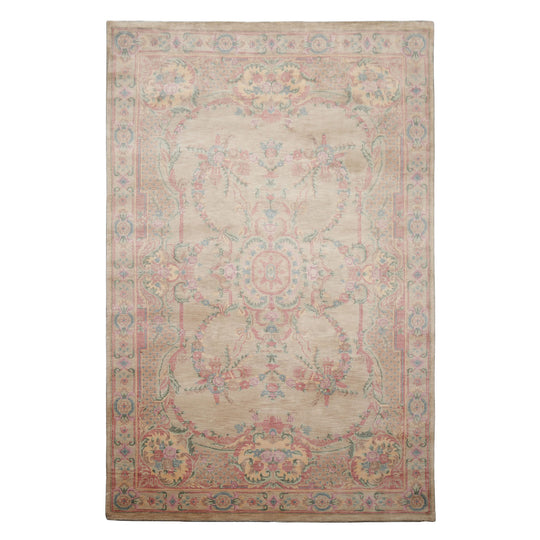 6x9 Hand Knotted New Zealand Wool Beige Aubusson Savonnerie Traditional Silky Sheen Rug