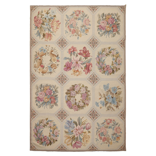 6'3''x9'3'' Hand Woven Wool Ivory French Needlepoint Traditional Rug