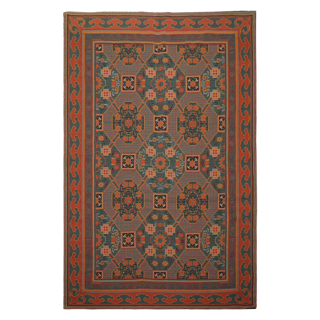 6x9 Teal, Orange, Gold Color Hand Woven French Needlepoint Wool Art Deco Oriental Rug