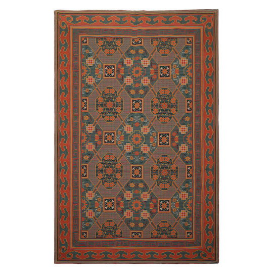 5'10''x9 Hand Woven Wool Teal French Needlepoint Art Deco Rug