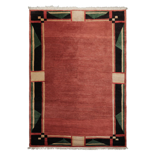 6x9 Rust, Black, Green Color Hand Knotted Tibetan New Zealand Wool Art Deco Oriental Rug