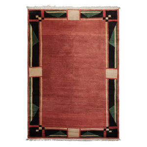 6x9 Rust, Black, Green Color Hand Knotted Tibetan New Zealand Wool Art Deco Oriental Rug