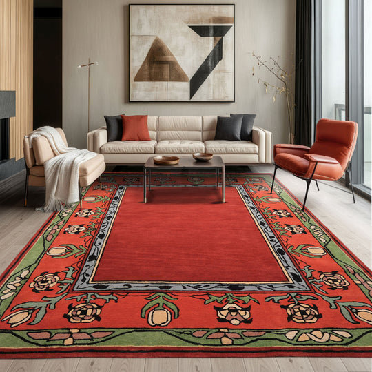 Multi Size Hand Tufted Wool Arts & Crafts Rug Rosy-Red, Sage Traditional William Morris Rug