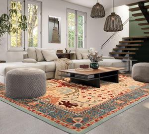 8x10 Light Peach
, Aqua
, Rust
 Color Hand Tufted William Morris
 Wool Arts & Crafts
 Oriental Rug