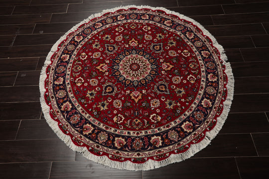 5'0''x5'0" Burgundy Hand Knotted Tabriz Round Traditiona Medallion 250 KPSI Wool Oriental Area Rug