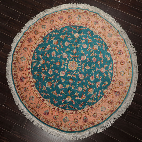 6'4''x6'4" Turquoise Hand Knotted Tabriz Round Traditional Floral Wool & Silk Oriental Area Rug