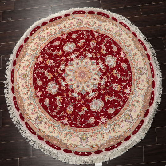 5'0''x5'0" Red Hand Knotted Tabriz Round Traditional Medallion 350 KPSI Wool& Silk Oriental Area Rug