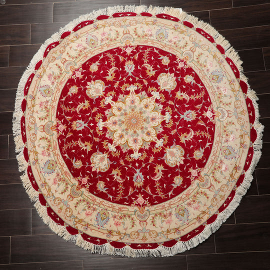 4'11''x4'11" Red Hand Knotted Tabriz Round Traditional Medallion 350 KPSI Oriental Area Rug