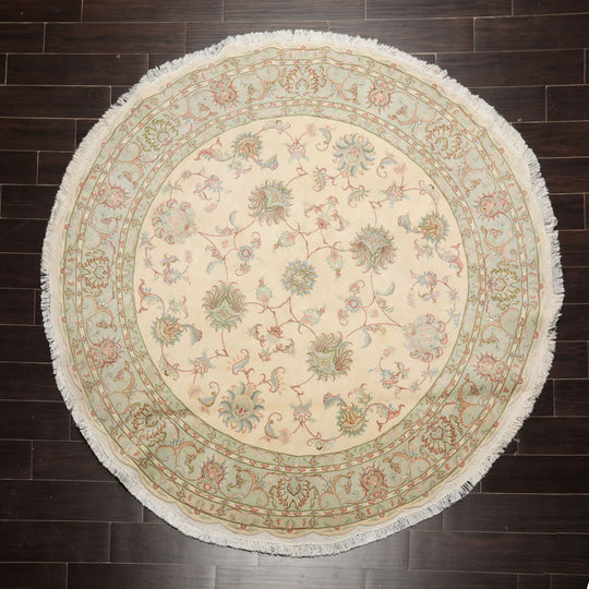 6'6''x6'6'' Hand Knotted Wool & Silk Ivory Tabriz Round Traditional 300 KPSI Rug