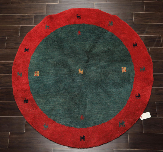 5x5 Round Hand Knotted Wool Green Red Gabbeh Modern & Contemporary Pictorial Plush Pile Rug