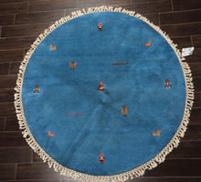 Round Aqua, Gold, Black Color Hand Knotted Gabbeh Wool Modern & Contemporary Oriental Rug