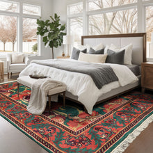 8x10 Teal-Green, Raspberry-Rose, Gold Color Hand Knotted Arts & Crafts Wool Eclectic Oriental Rug