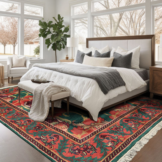 7'9''x9'10'' Hand Knotted Wool Teal-Green Arts & Crafts Eclectic Boho Plush Pile Rug