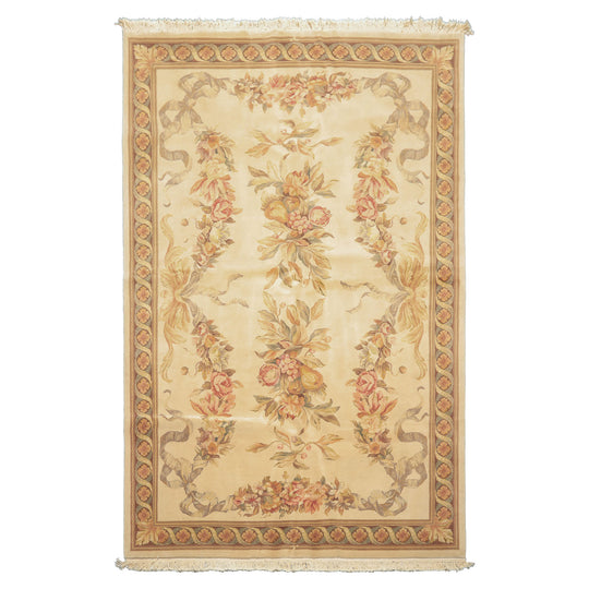 5'9''x9 Hand Knotted Wool & Silk Ivory French Aubusson Savonnerie Traditional Botanical 300 KPSI Asmara Classic French Design Rug