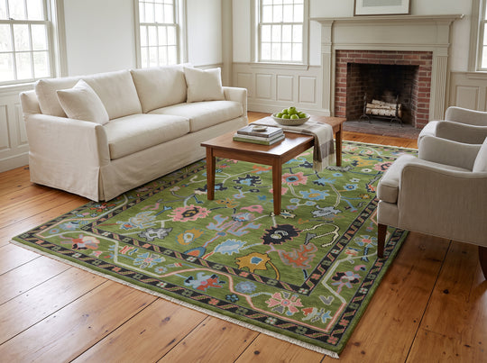 Multi Size Hand Knotted Wool Arts & Crafts Rug Green, Pink Traditional Oushak Rug