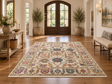 Multi Size Ivory Brown Aqua Color Hand Knotted Oushak Wool Traditional Oriental Rug
