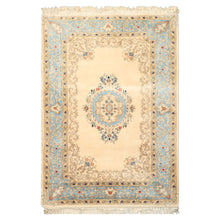 4x6 Ivory, Aqua, Tan Color Hand Knotted Indo Kerman Wool Traditional Oriental Rug