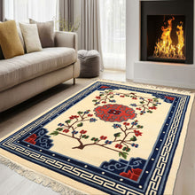 4x6 Ivory, Navy, Green Color Hand Knotted Tibetan Art Deco Wool Traditional Oriental Rug