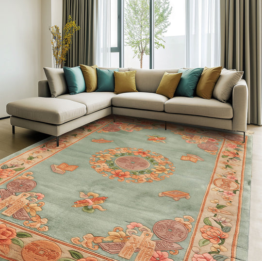 4x6 Hand Knotted Wool Celadon Chinese Art Deco Traditional Medallion Silky Sheen Plush Pile Velvety Soft Rug