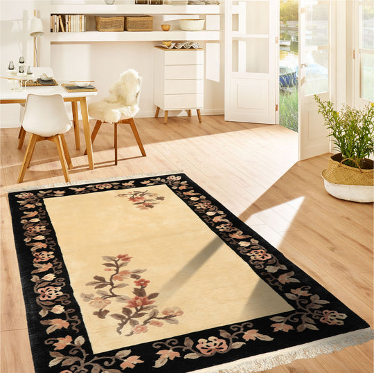 3x5'3'' Hand Knotted Wool Beige Chinese Art Deco Traditional Botanical Silky Sheen Velvety Soft Rug